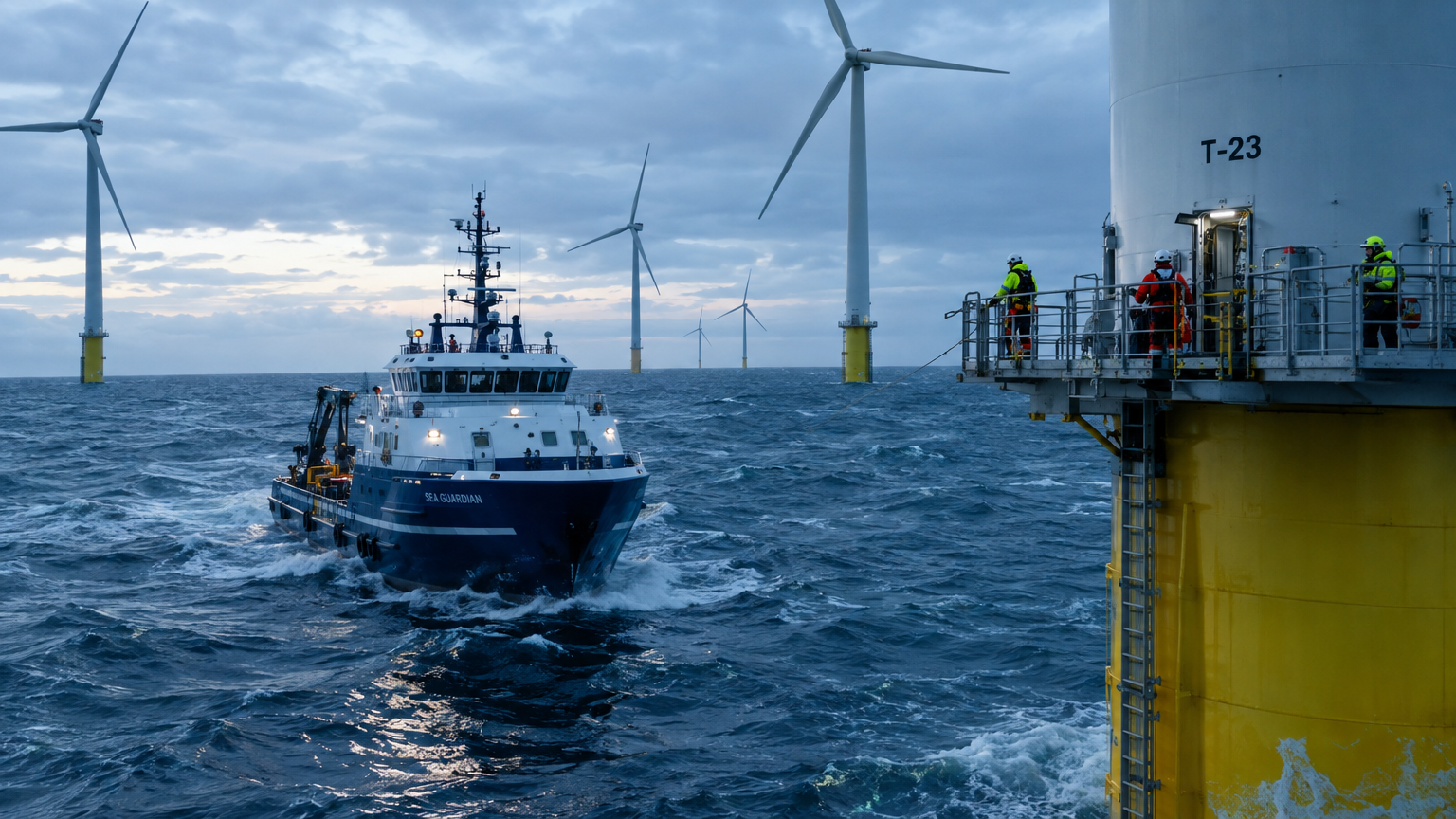 Offshore wind farm O&M vessel transferring technicians to a wind turbine